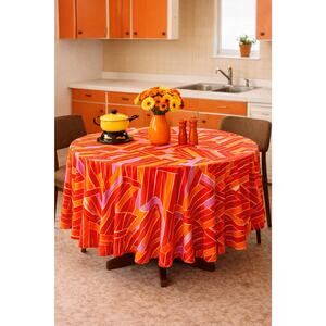 Vintage 60s 70s Round Tablecloth Geometric Red Orange Pink 78 Inch